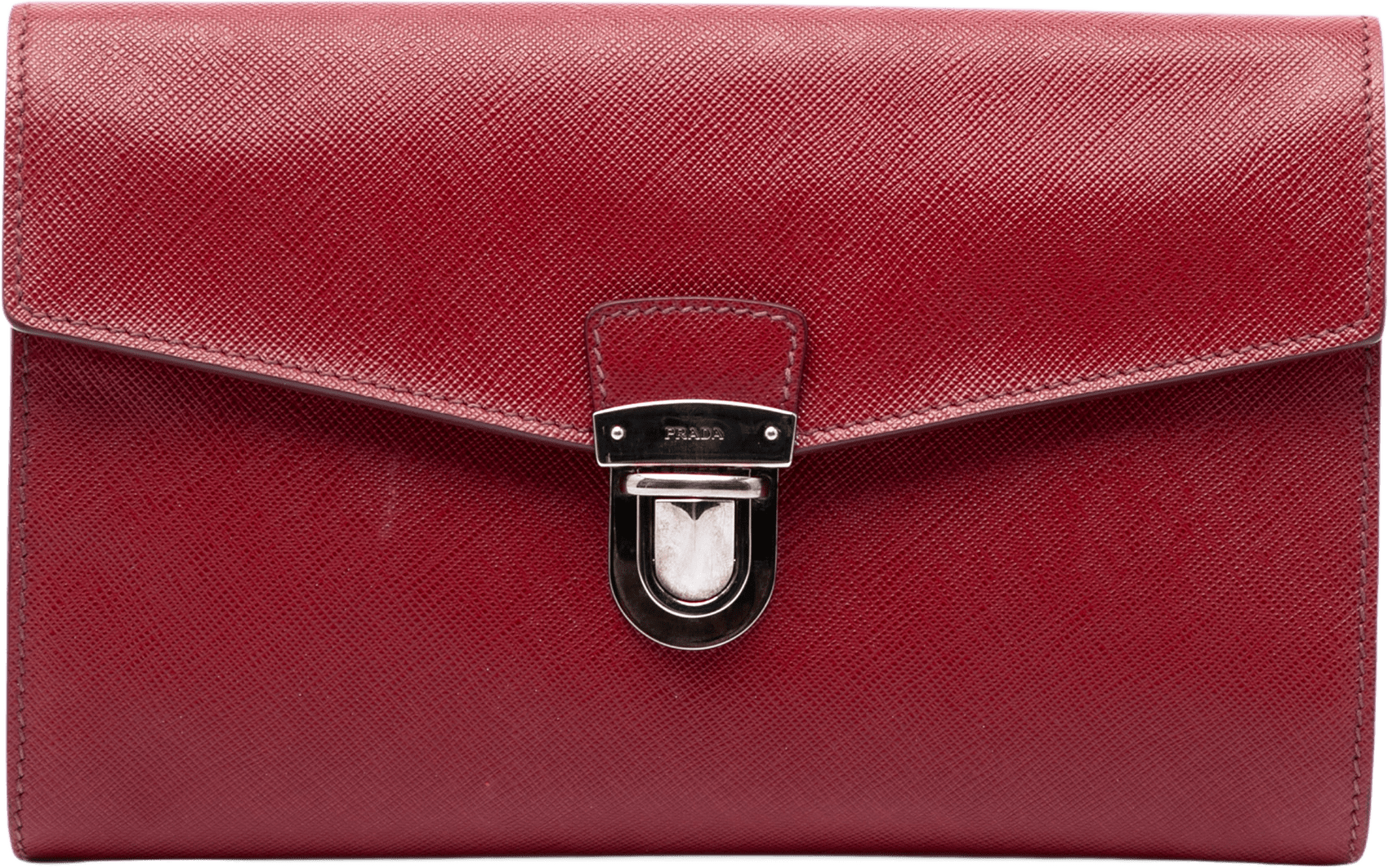 Prada Saffiano Envelope Pushlock Clutch, från Luxclusif, i färgen röd.