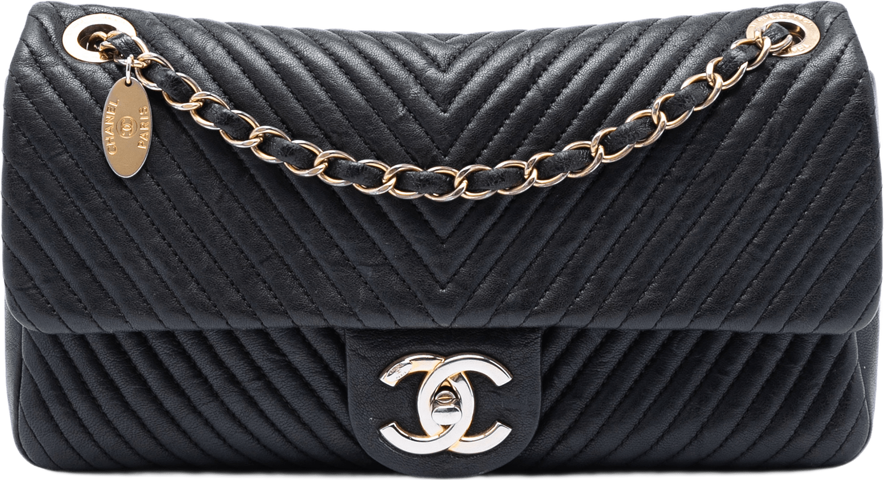 Chanel Medium Chevron Wrinkled Calfskin Medallion Charm Flap, från Luxclusif, i färgen black.