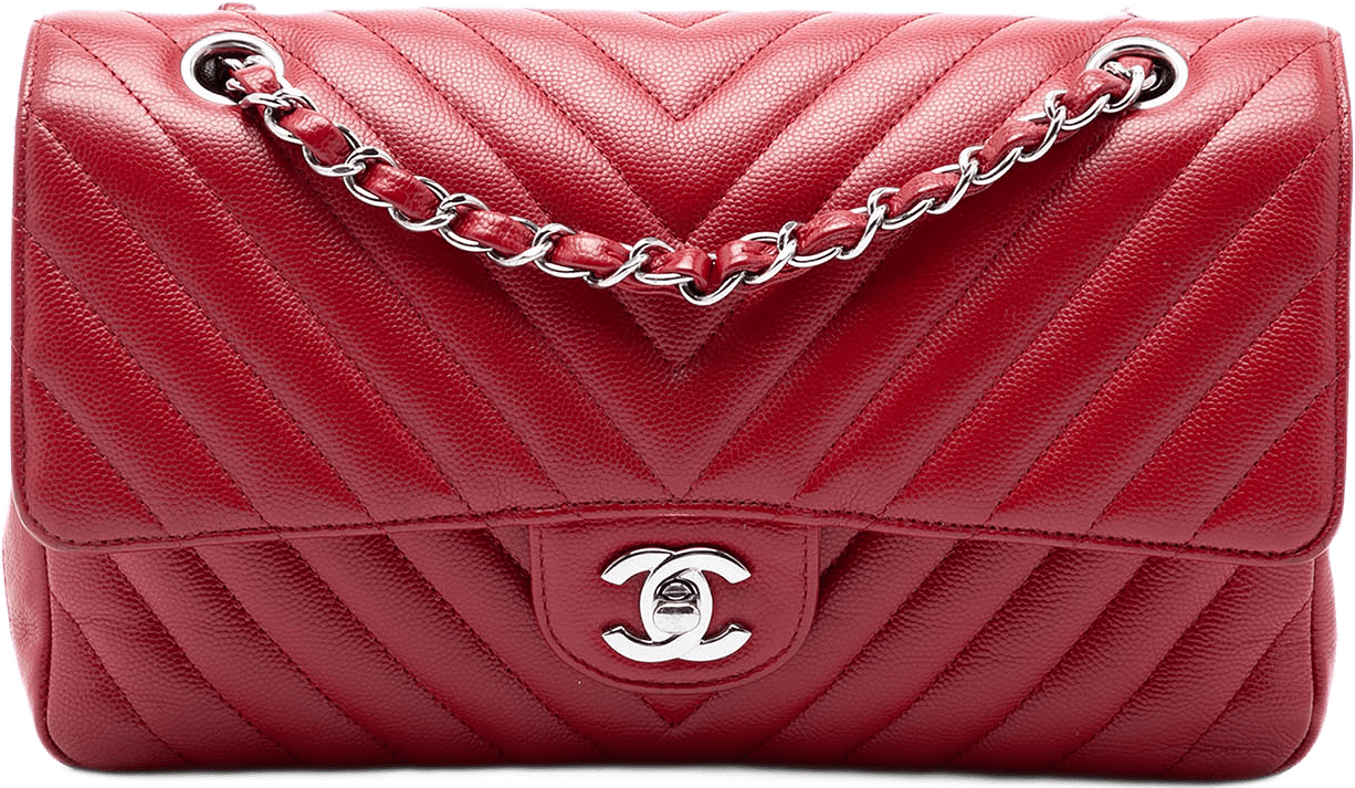 Chanel Medium Classic Chevron Caviar Double Flap, från Luxclusif, i färgen röd.