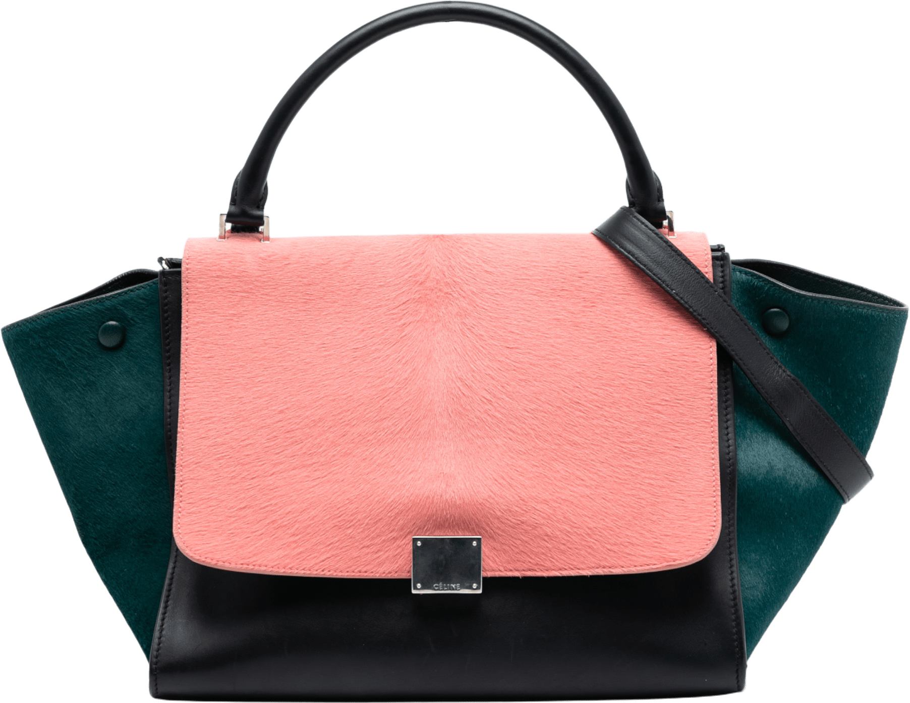 Celine Medium Tricolor Calfskin And Ponyhair Trapeze Satchel, från Luxclusif, i färgen black.