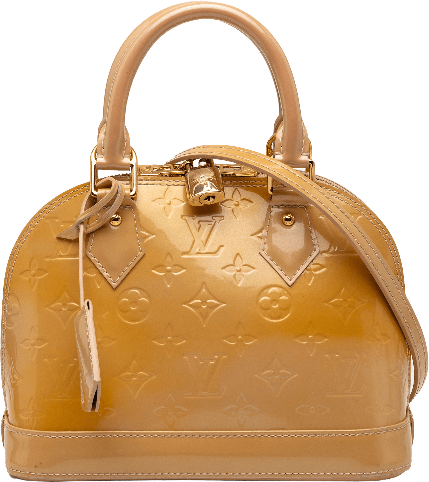 Louis Vuitton Monogram Vernis Alma Bb, från Luxclusif, i färgen camel.