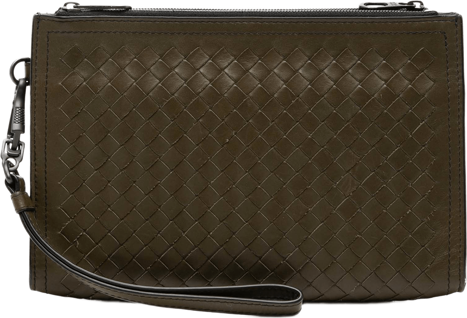 Bottega Veneta Nappa Intrecciato Double Zip Wristlet Clutch, från Luxclusif, i färgen dark khaki.