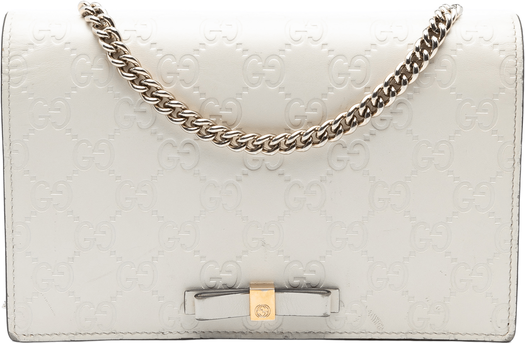 Gucci Mini Guccissima Bow Signature Wallet On Chain, från Luxclusif, i färgen white.