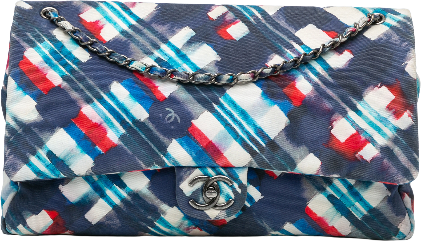 Chanel Xxl Printed Canvas Airline Single Flap, från Luxclusif, i färgen dark blue.