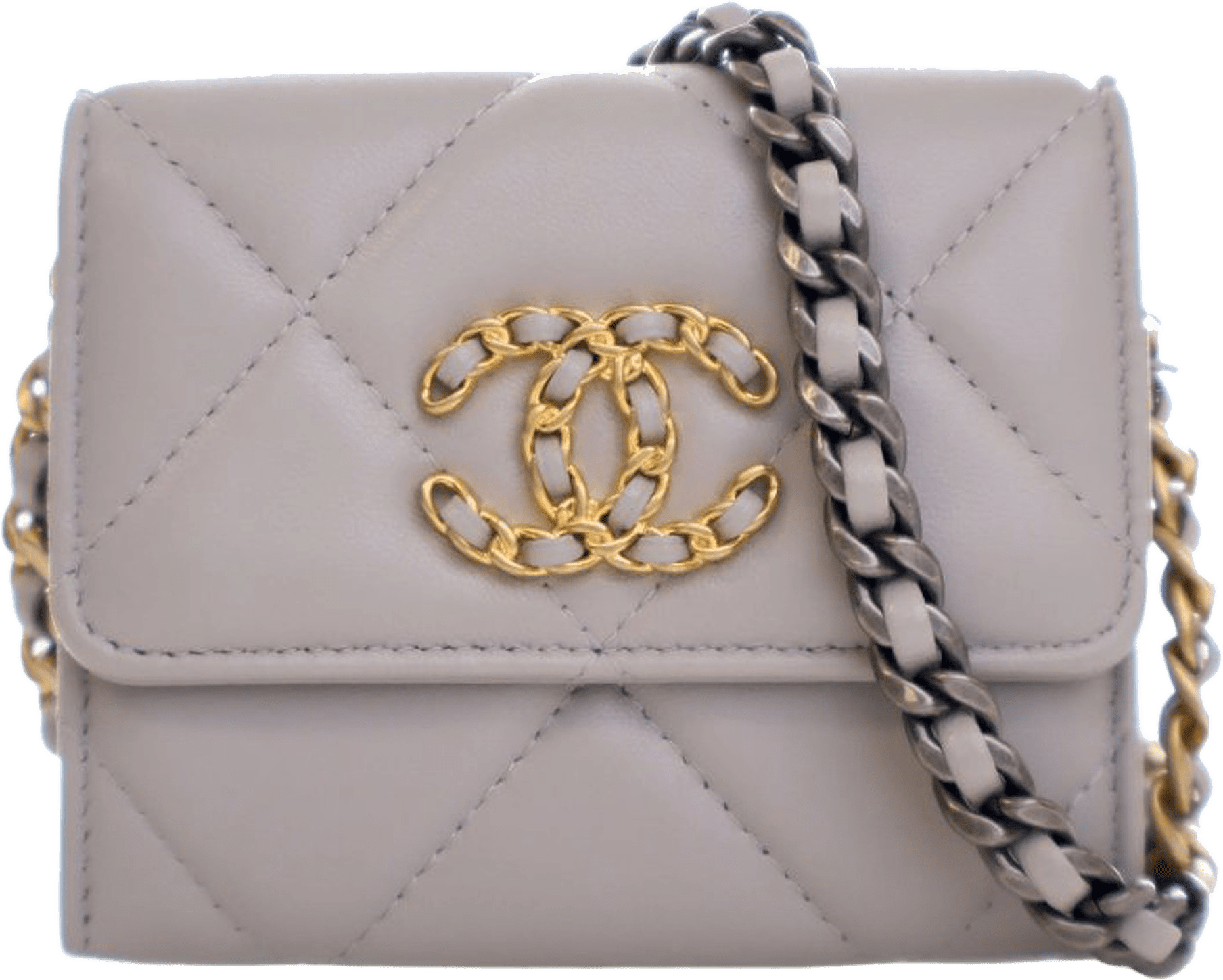 Chanel Quilted Lambskin 19 Flap Coin Purse With Chain, från Luxclusif, i färgen light gray.