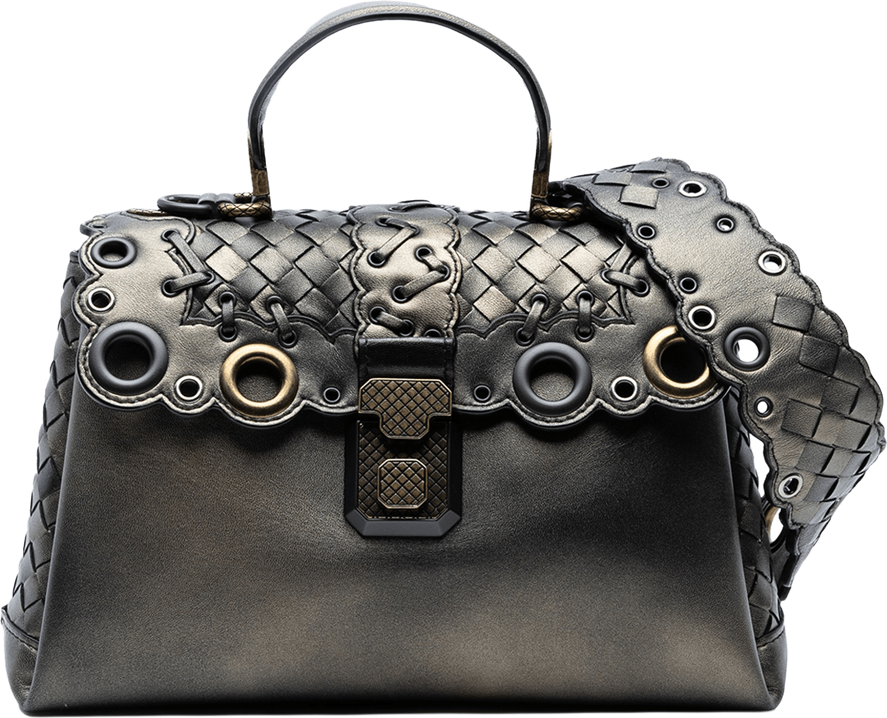 Bottega Veneta Small Intrecciato Trimmed Metallic Nappa Grommet Piazza Satchel, från Luxclusif, i färgen bronze.