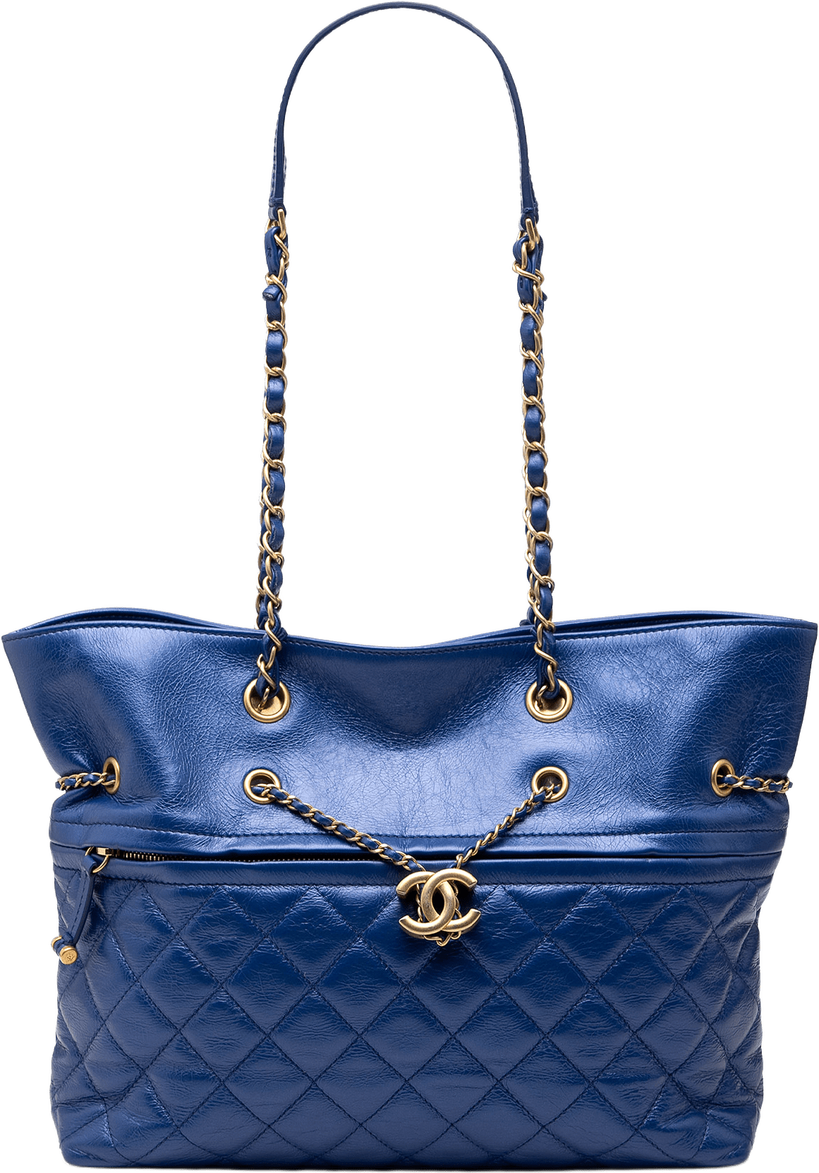 Chanel Cc Calfskin Front Zip Drawstring Chain Tote, från Luxclusif, i färgen blue.