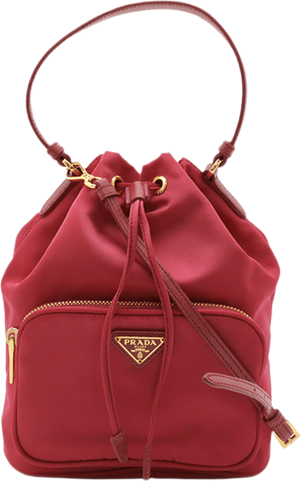 Prada Re Nylon Duet Bucket Bag, från Luxclusif, i färgen röd.
