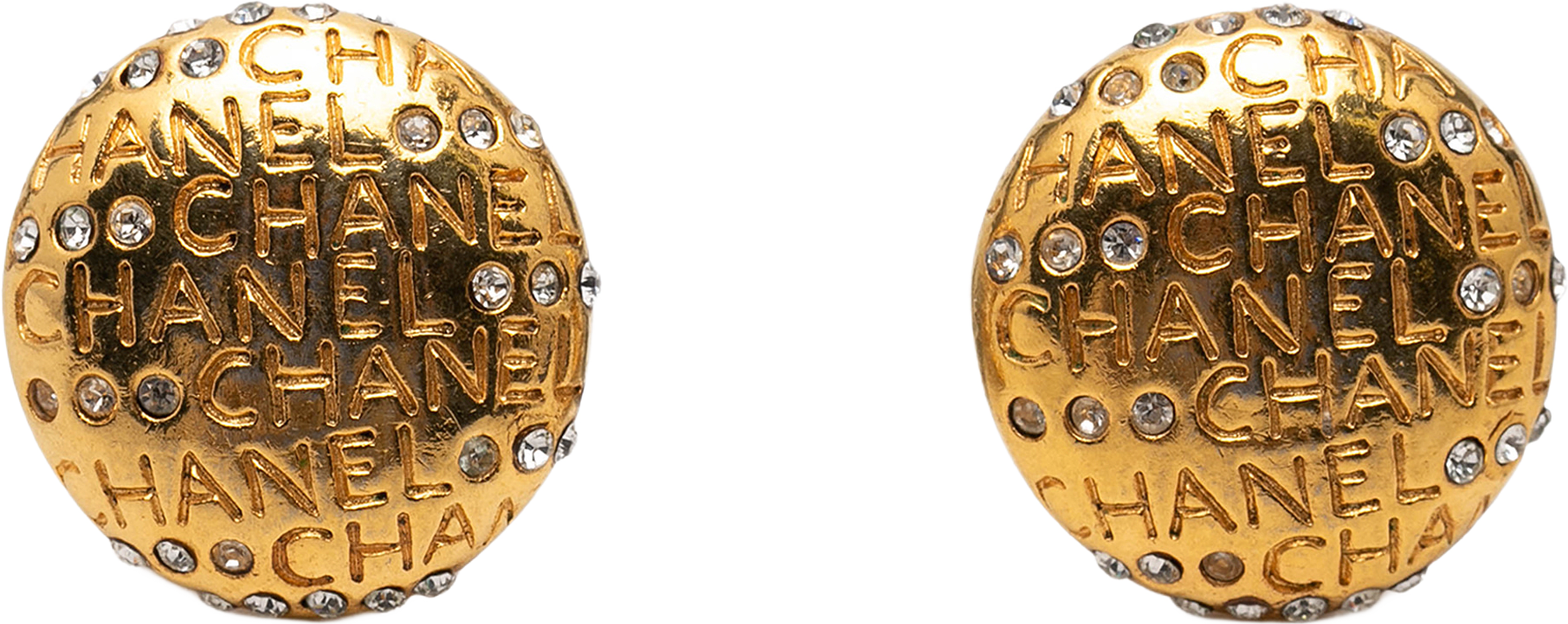 Chanel Gold Plated Strass Logo Lettering Clip On Earrings, från Luxclusif, i färgen gold.