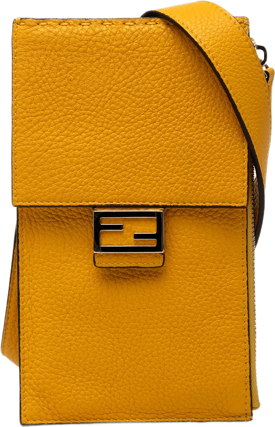 Fendi Leather Baguette Phone Crossbody, från Luxclusif, i färgen mustard.