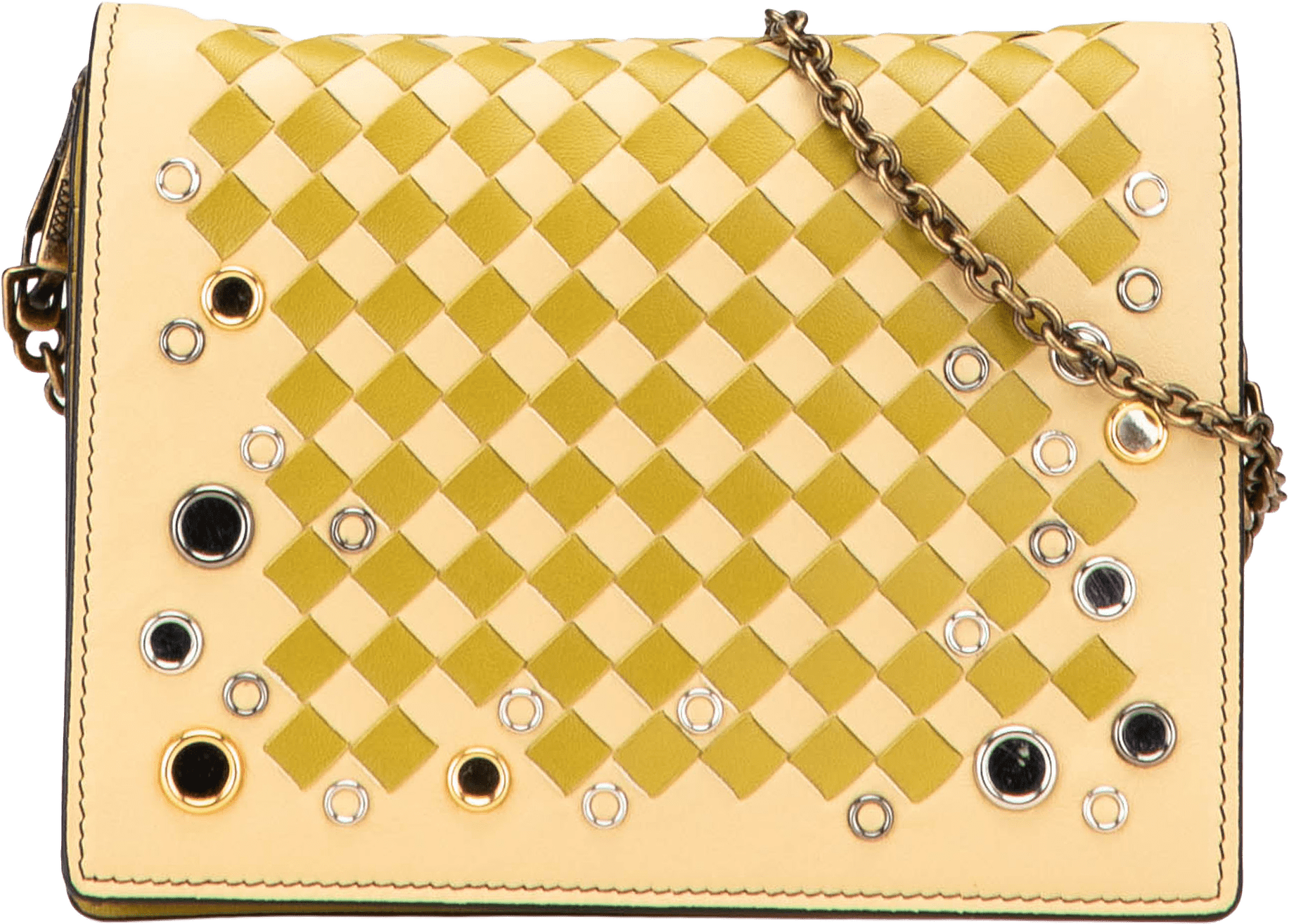Bottega Veneta Nappa Intrecciato Studded Wallet On Chain, från Luxclusif, i färgen light yellow.
