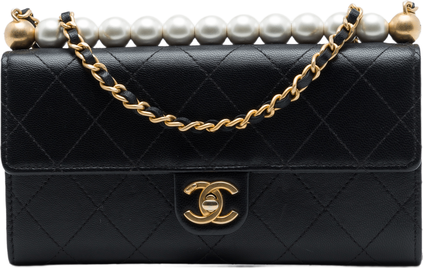 Chanel Quilted Goatskin Chic Pearls Clutch With Chain, från Luxclusif, i färgen svart.