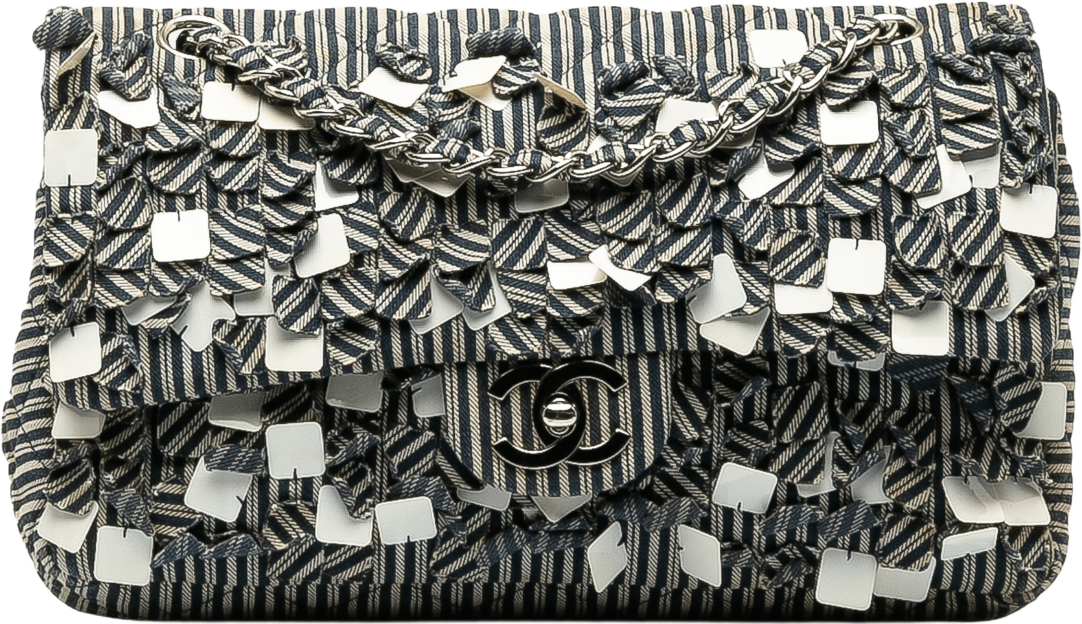 Chanel Medium Cotton Striped Double Flap, från Luxclusif, i färgen blue.