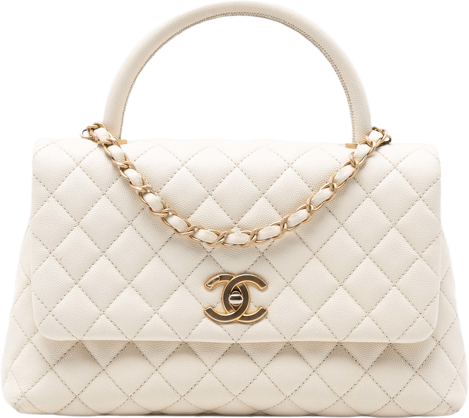 Chanel Small Quilted Caviar Coco Top Handle Bag, från Luxclusif, i färgen ivory.
