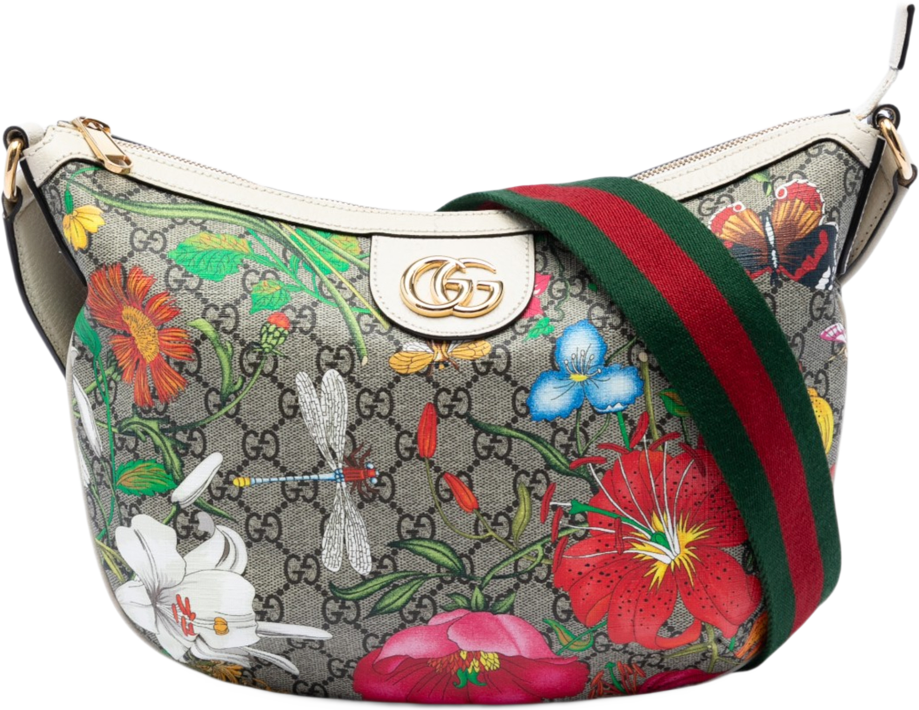 Gucci Small Gg Supreme Web Ophidia Flora Half Moon Crossbody, från Luxclusif, i färgen beige.