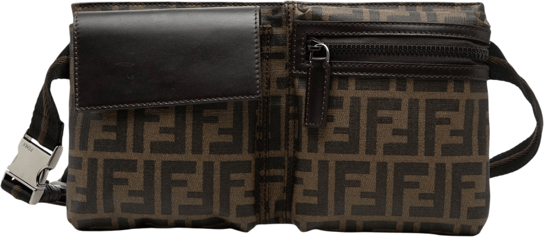 Fendi Zucca Canvas Double Pocket Belt Bag, från Luxclusif, i färgen brown.
