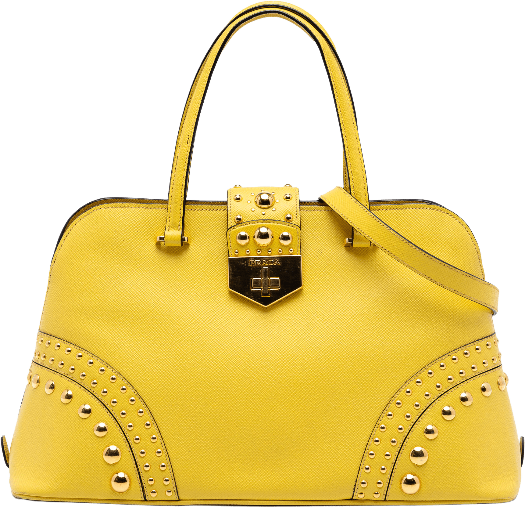 Prada Studded Saffiano Cuir Promenade Satchel, från Luxclusif, i färgen yellow.
