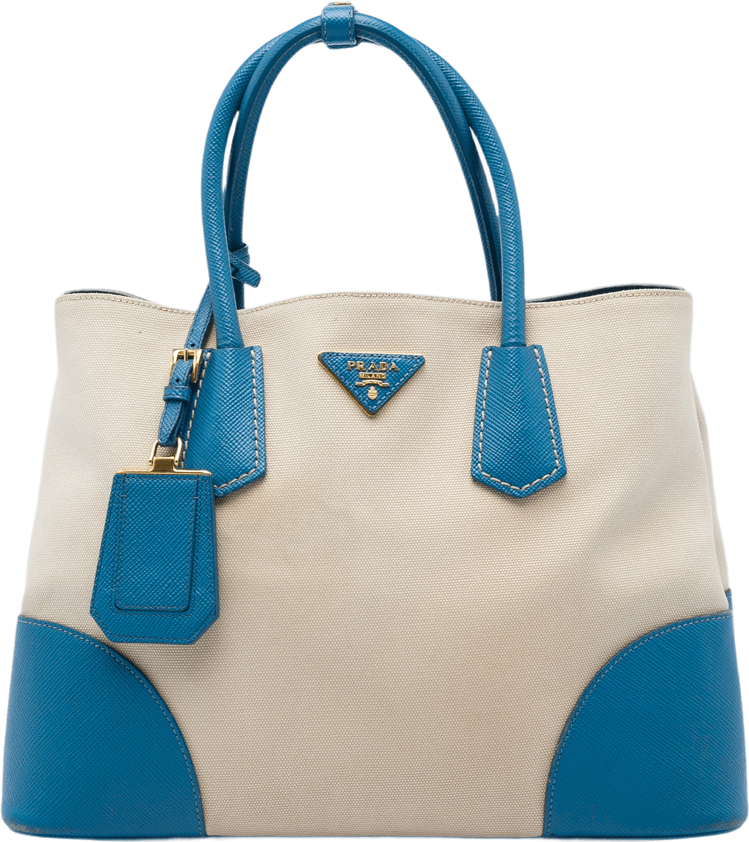 Prada Medium Saffiano Cuir Trimmed Canvas Double Satchel, från Luxclusif, i färgen blå.