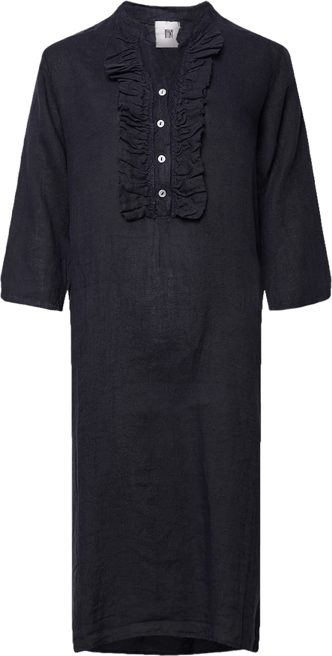 18970r, Long Shirt Dress Ruffle, Linen - Blue Navy