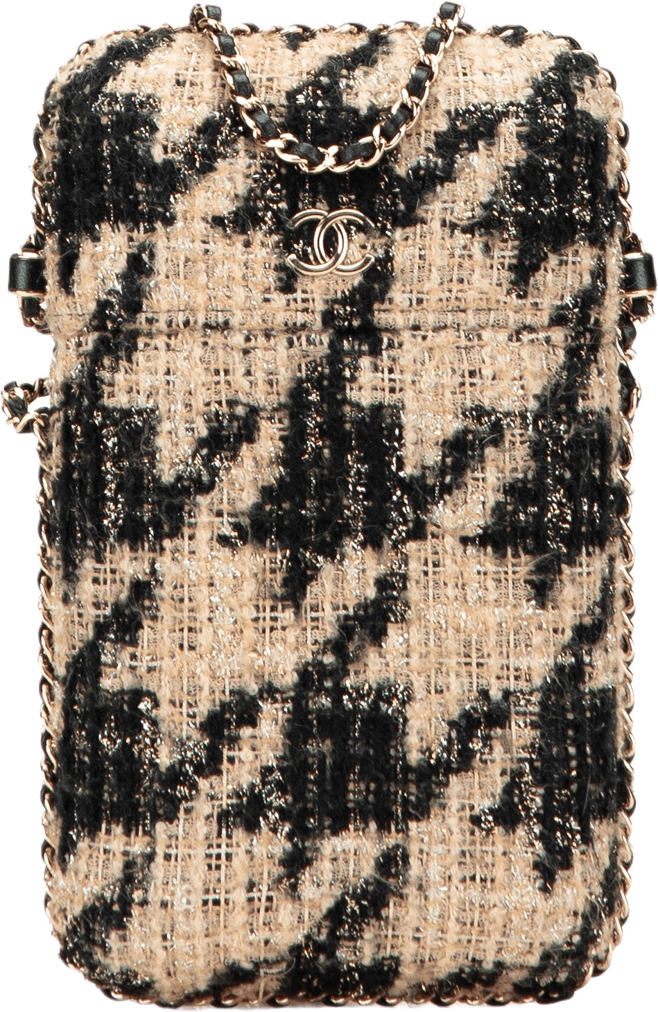 Chanel Tweed Chain Around Phone Holder, från Luxclusif, i färgen light brown.