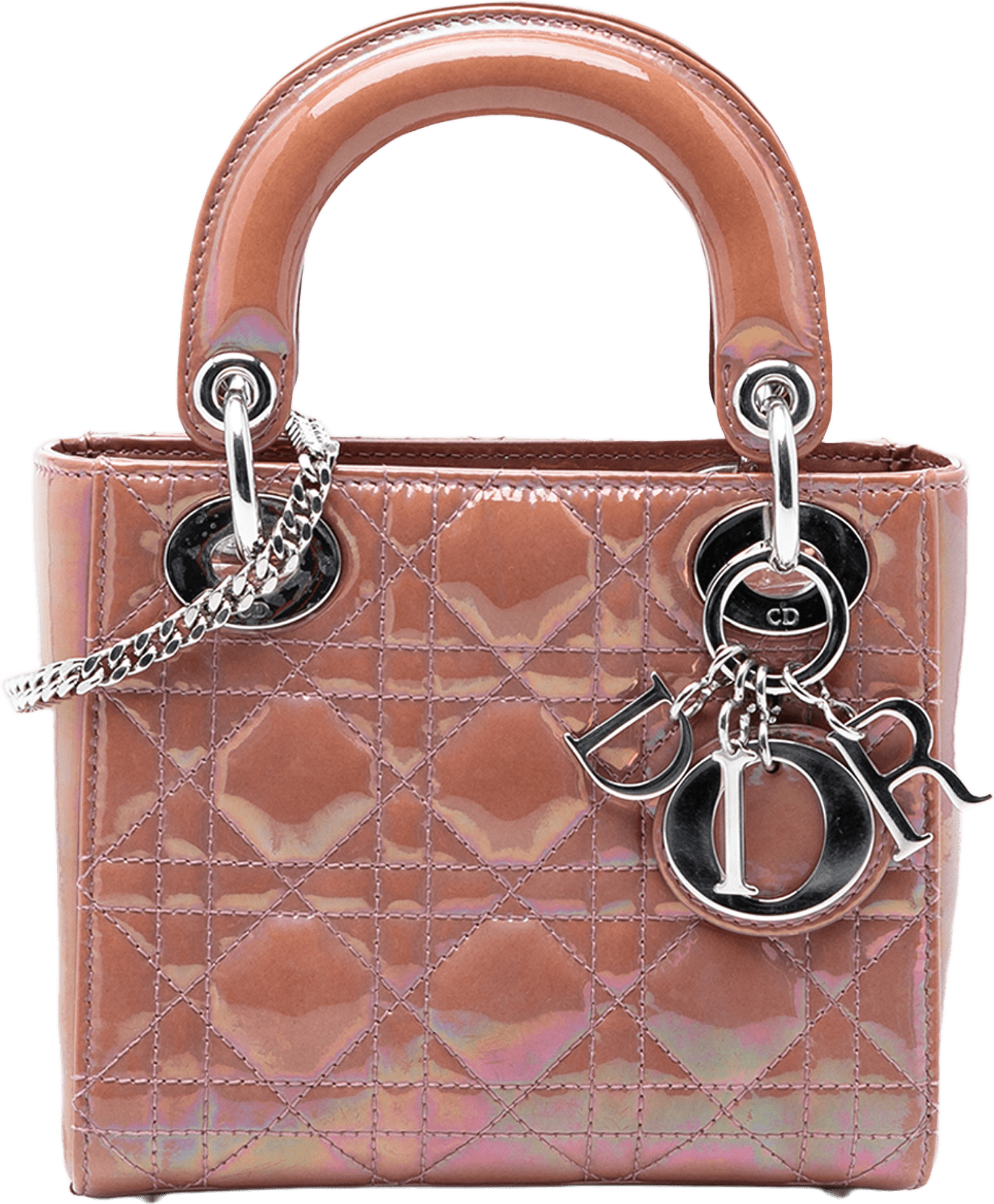Dior Mini Iridescent Patent Cannage Lady Dior, från Luxclusif, i färgen rose gold.