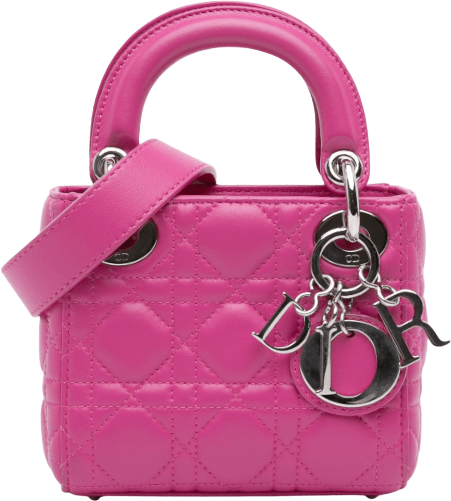 Dior Mini Lambskin Cannage Lady Dior, från Luxclusif, i färgen hot pink.