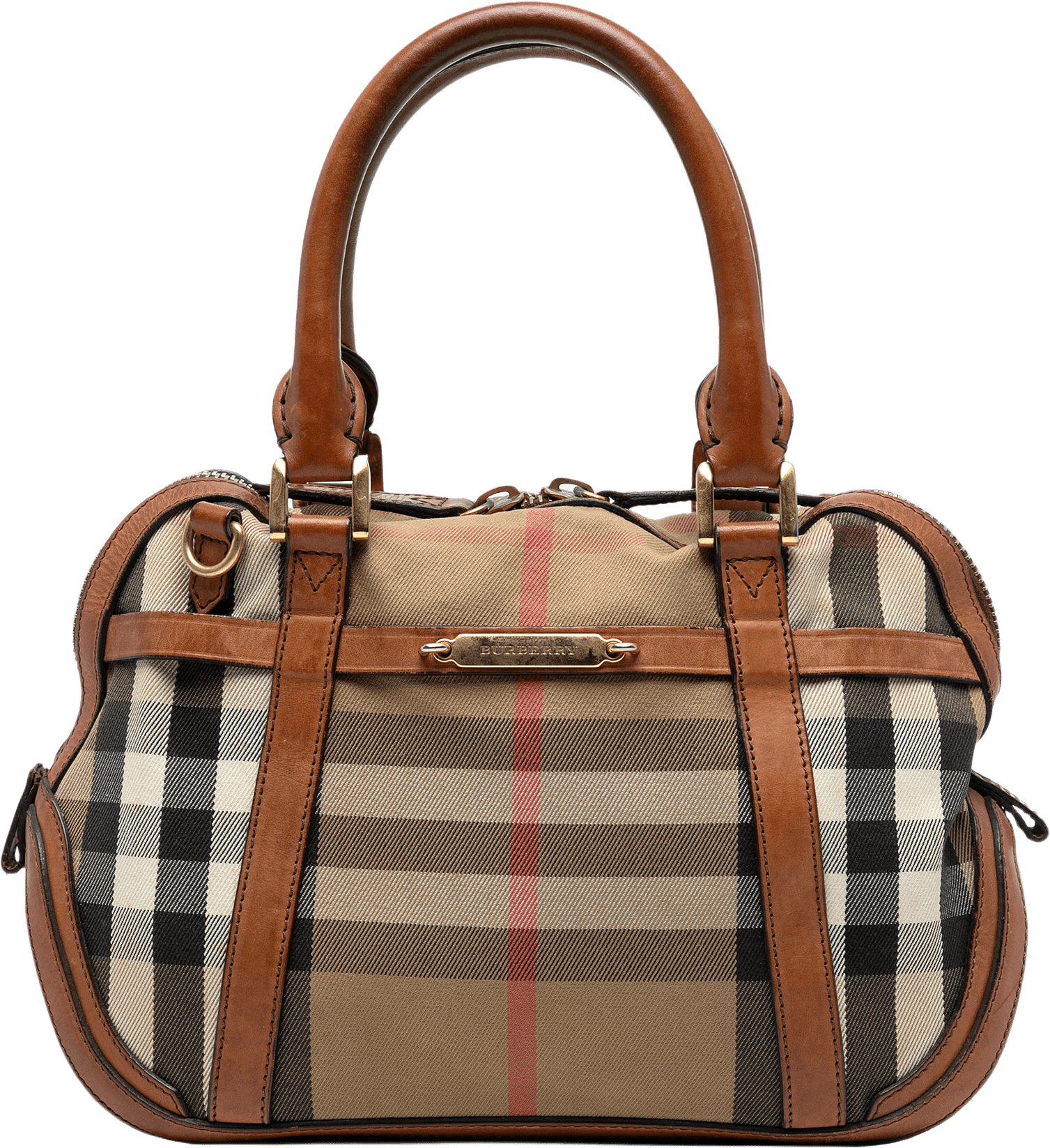 Burberry Small Leather Trimmed House Check Canvas Bridle Orchard Satchel, från Luxclusif, i färgen light brown.