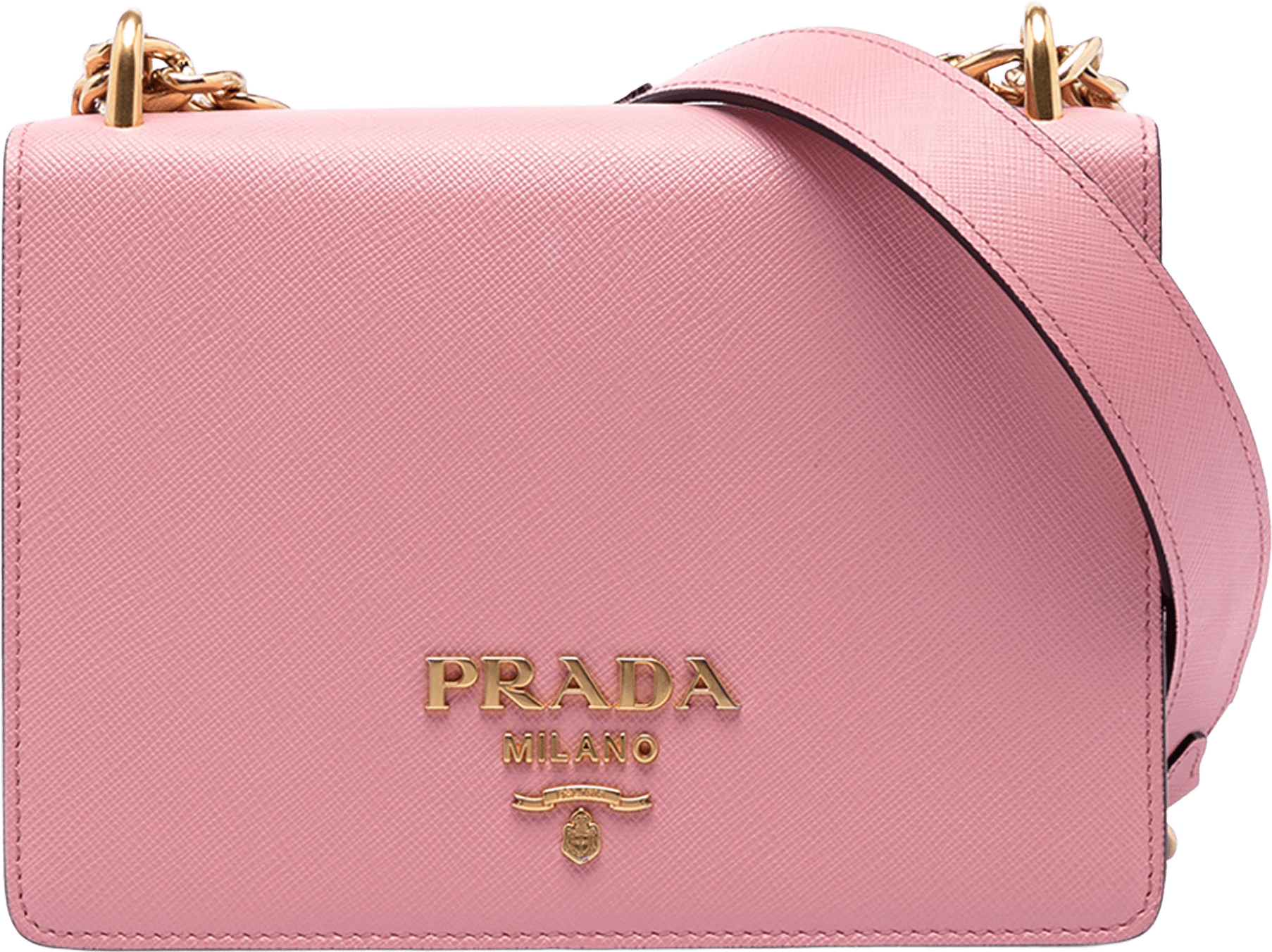 Prada Saffiano Lux Chain Crossbody, från Luxclusif, i färgen pink.