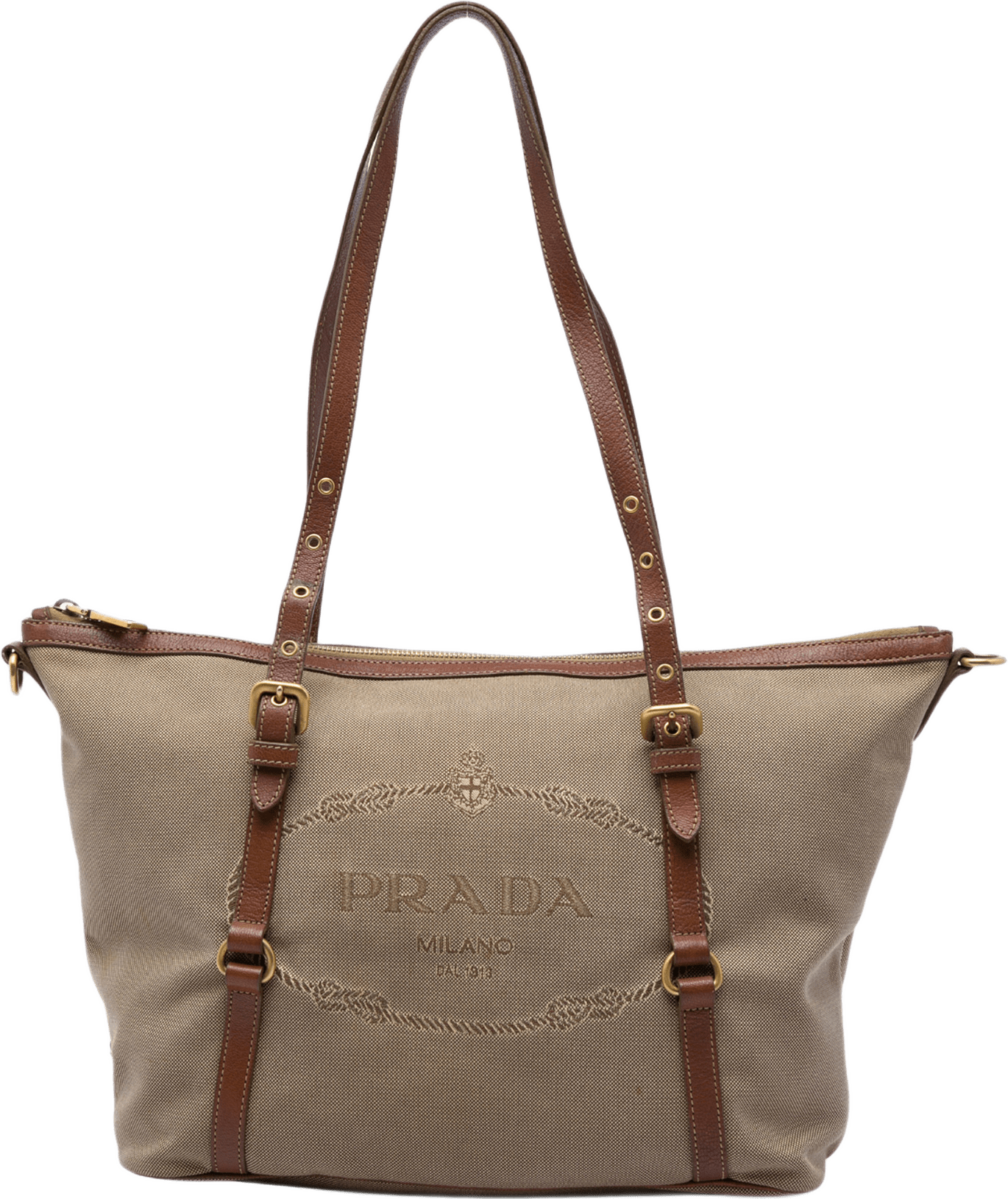 Prada Canvas Canapa Logo Tote, från Luxclusif, i färgen brun.