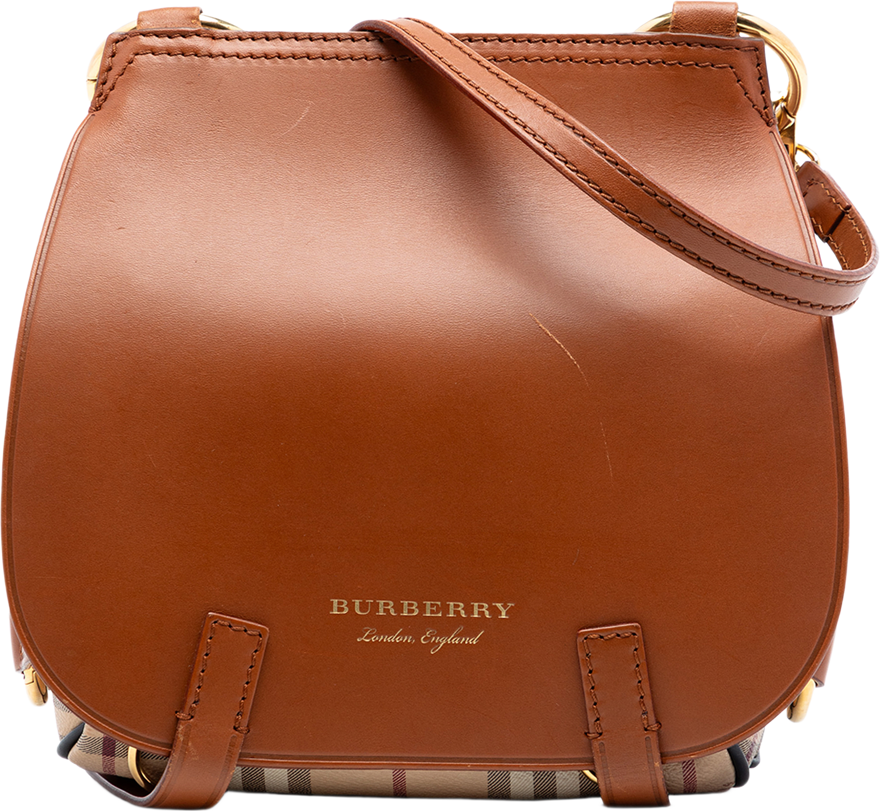Burberry Large Leather And Haymarket Check Coated Canvas Bridle Saddle Crossbody, från Luxclusif, i färgen brown.