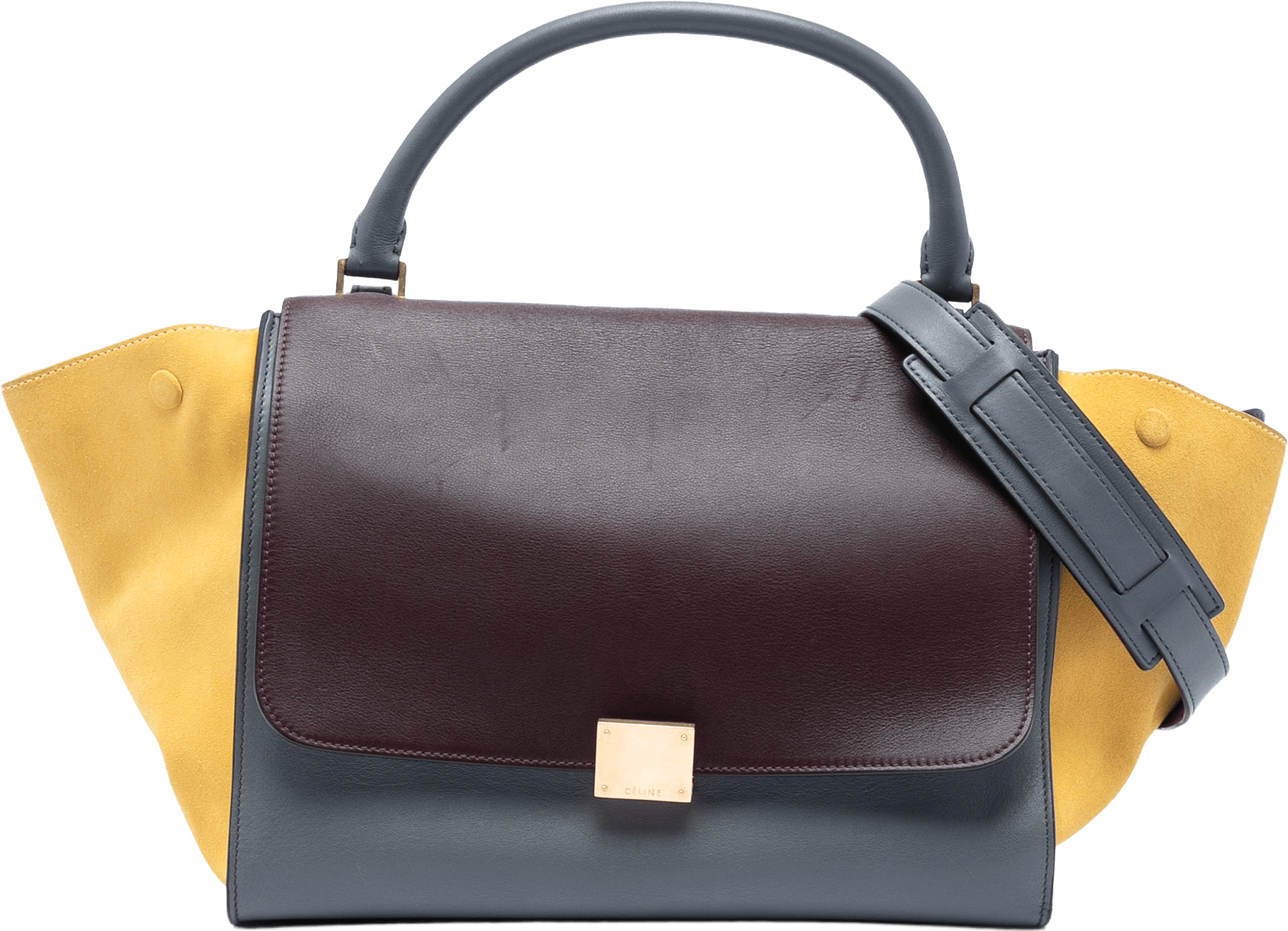 Celine Medium Tricolor Calfskin And Suede Trapeze Satchel, från Luxclusif, i färgen gray.