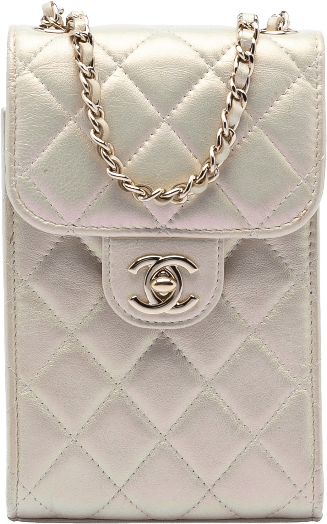 Chanel Cc Quilted Iridescent Lambskin Phone Holder With Chain, från Luxclusif, i färgen pearl.