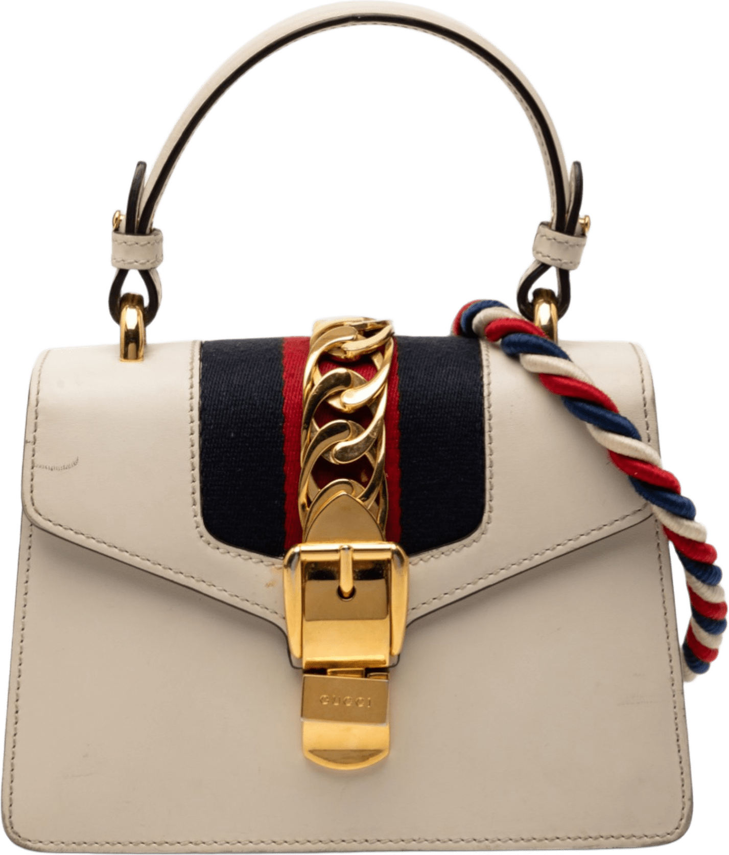 Gucci Mini Calfskin Sylvie Satchel, från Luxclusif, i färgen ivory.