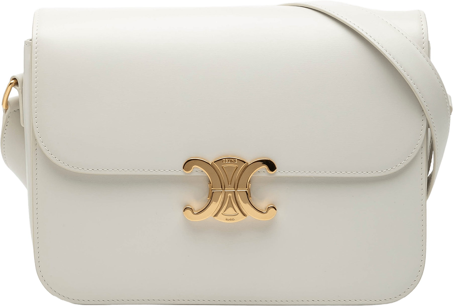 Celine Large Shiny Calfskin Triomphe Crossbody, från Luxclusif, i färgen white.