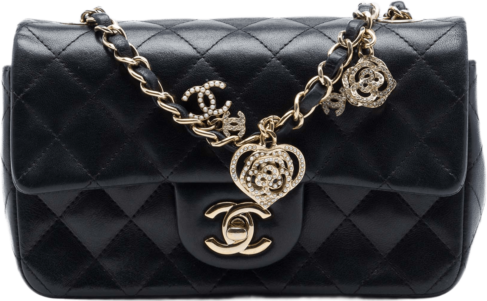 Chanel Mini Rectangular Classic Lambskin Valentines Heart Charms Single Flap, från Luxclusif, i färgen svart.