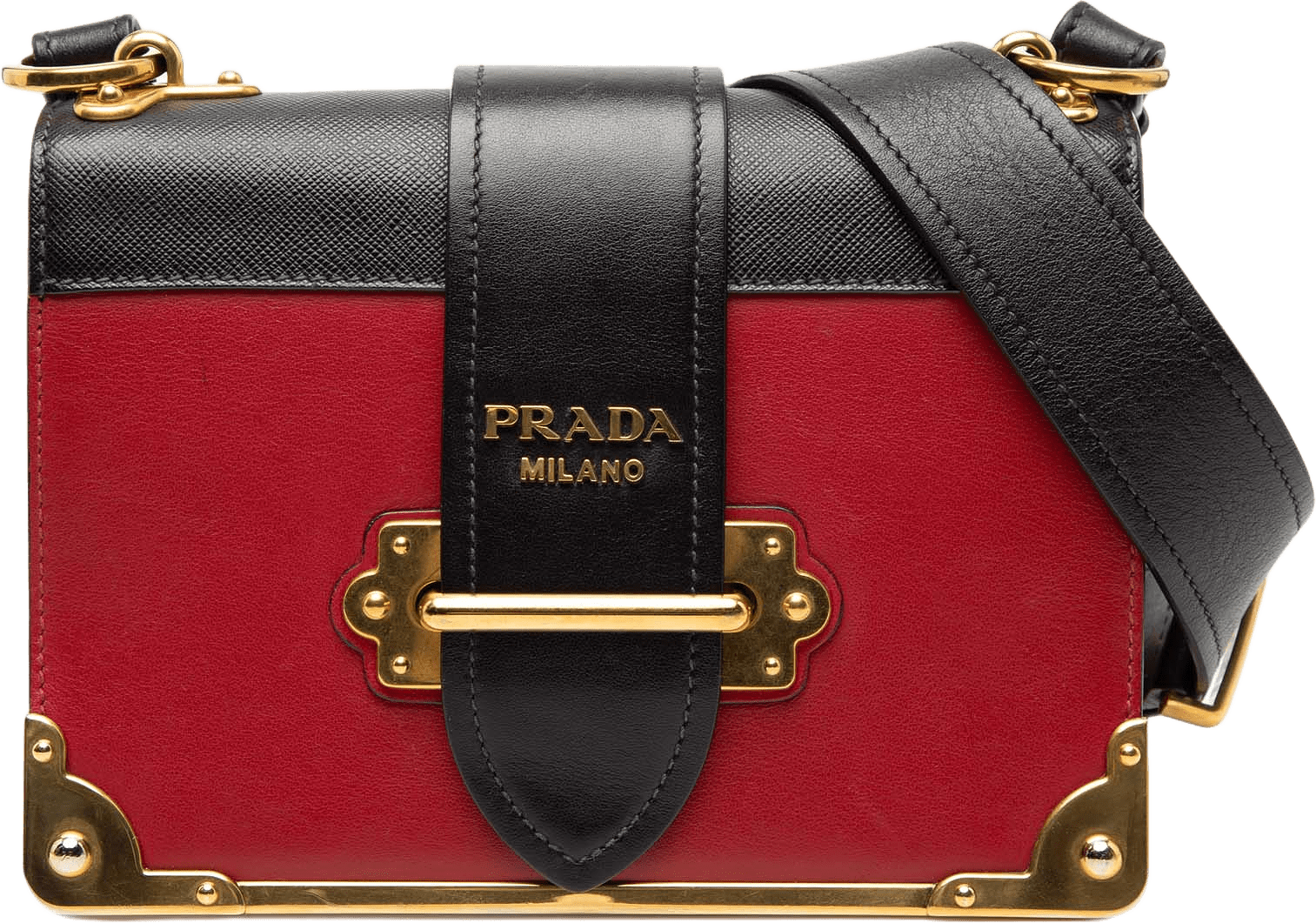 Prada Saffiano Trimmed City Calf Cahier Crossbody, från Luxclusif, i färgen red.