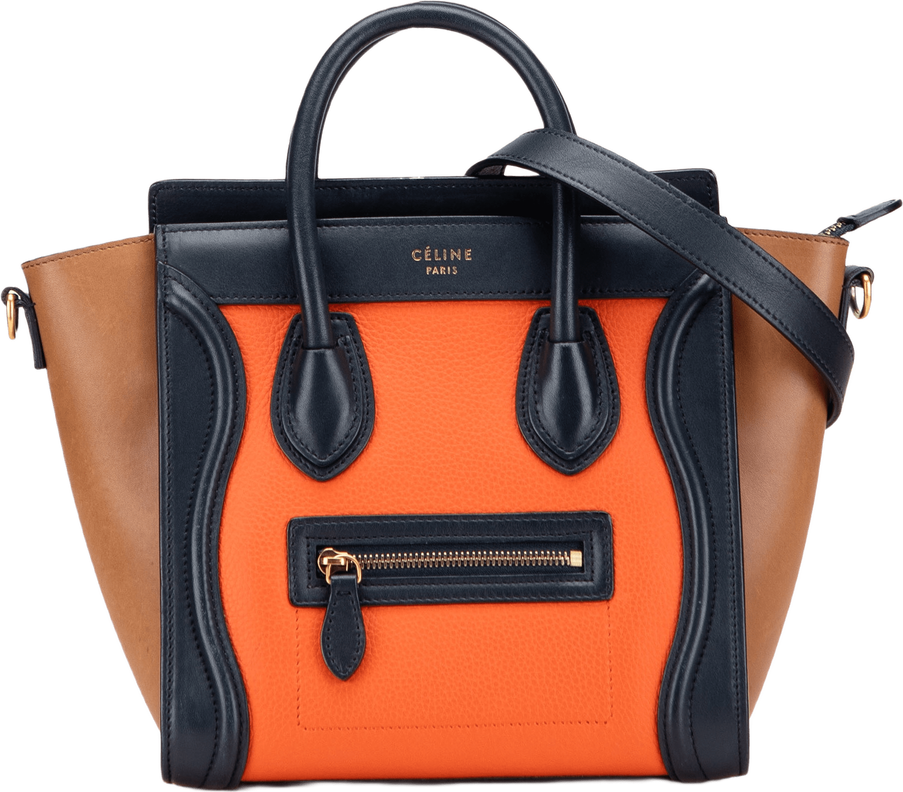 Celine Nano Tricolor Leather Luggage Tote, från Luxclusif, i färgen orange.