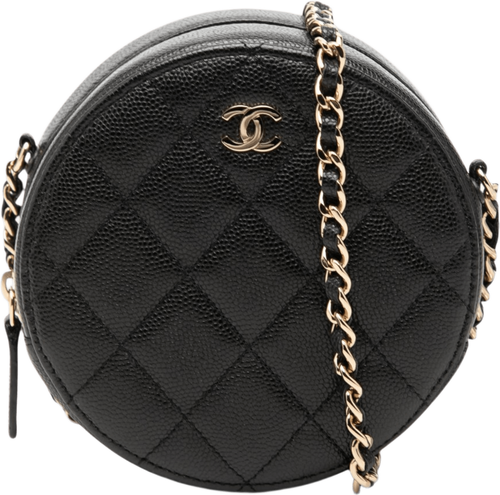 Chanel Cc Quilted Caviar Round Clutch With Chain, från Luxclusif, i färgen black.