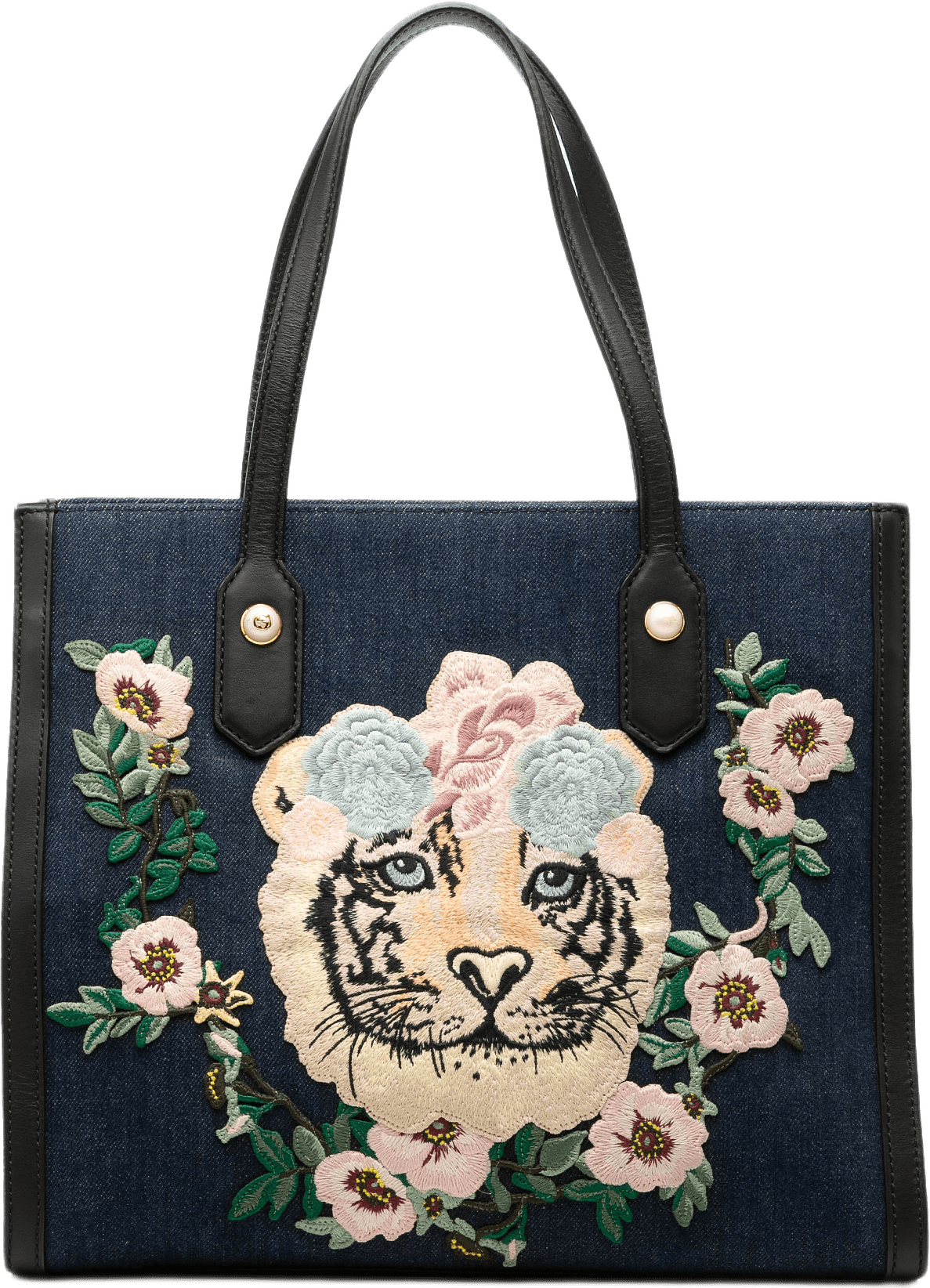 Gucci Denim Embroidered Tiger Tote, från Luxclusif, i färgen blå.