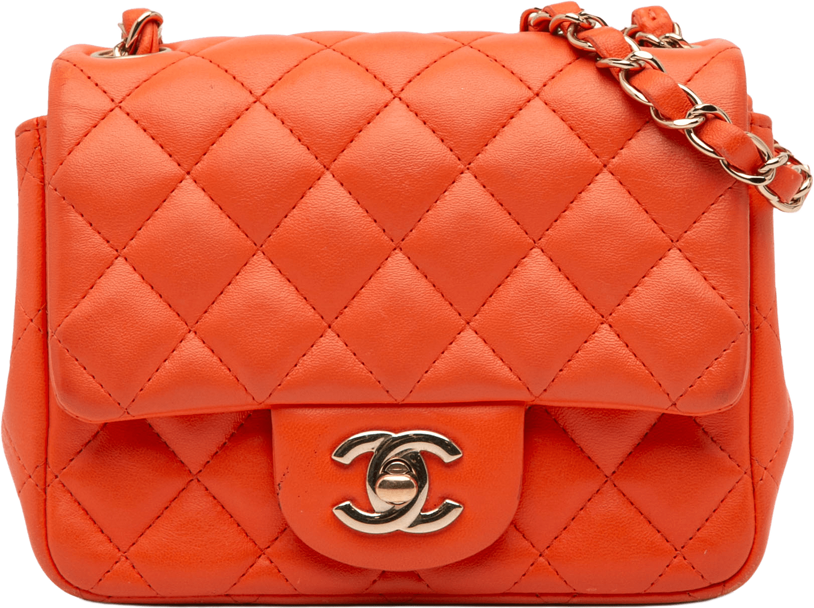 Chanel Mini Square Classic Lambskin Single Flap, från Luxclusif, i färgen dark orange.