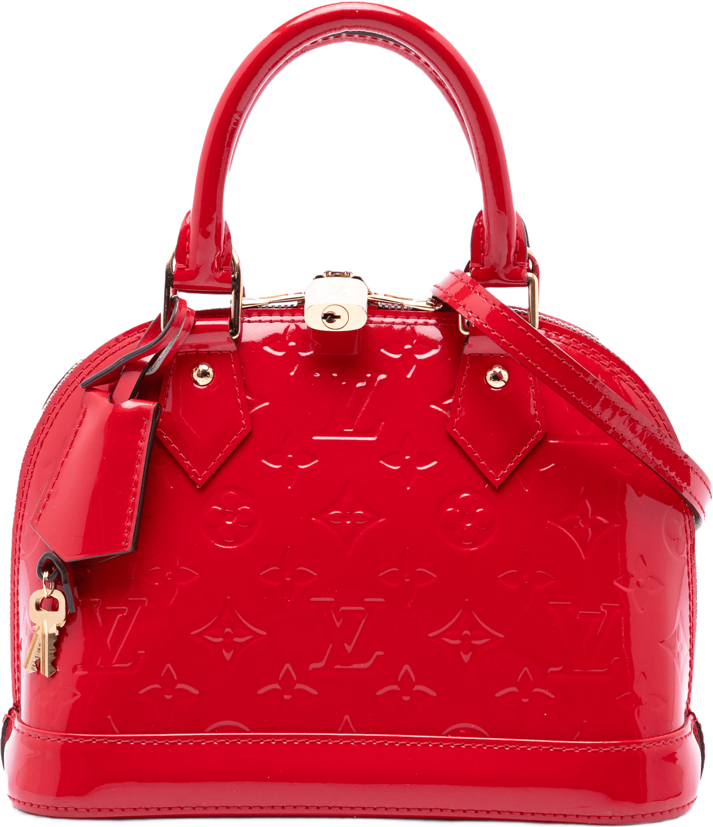 Louis Vuitton Monogram Vernis Alma Bb, från Luxclusif, i färgen röd.