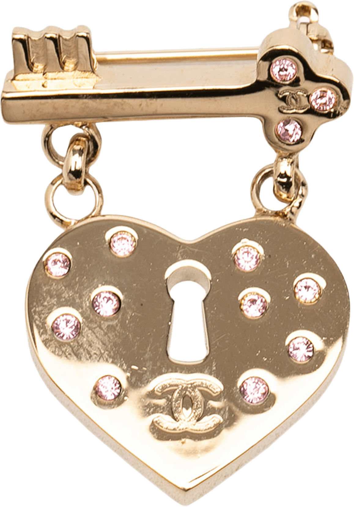 Chanel Cc Gold Plated Strass Heart Lock And Key Brooch, från Luxclusif, i färgen gold.