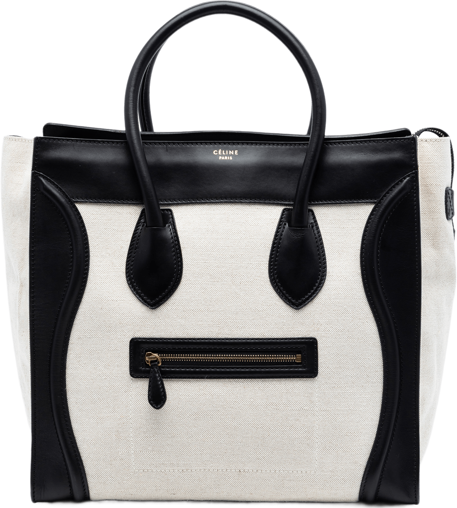 Celine Mini Bicolor Canvas And Leather Luggage Tote, från Luxclusif, i färgen light beige.