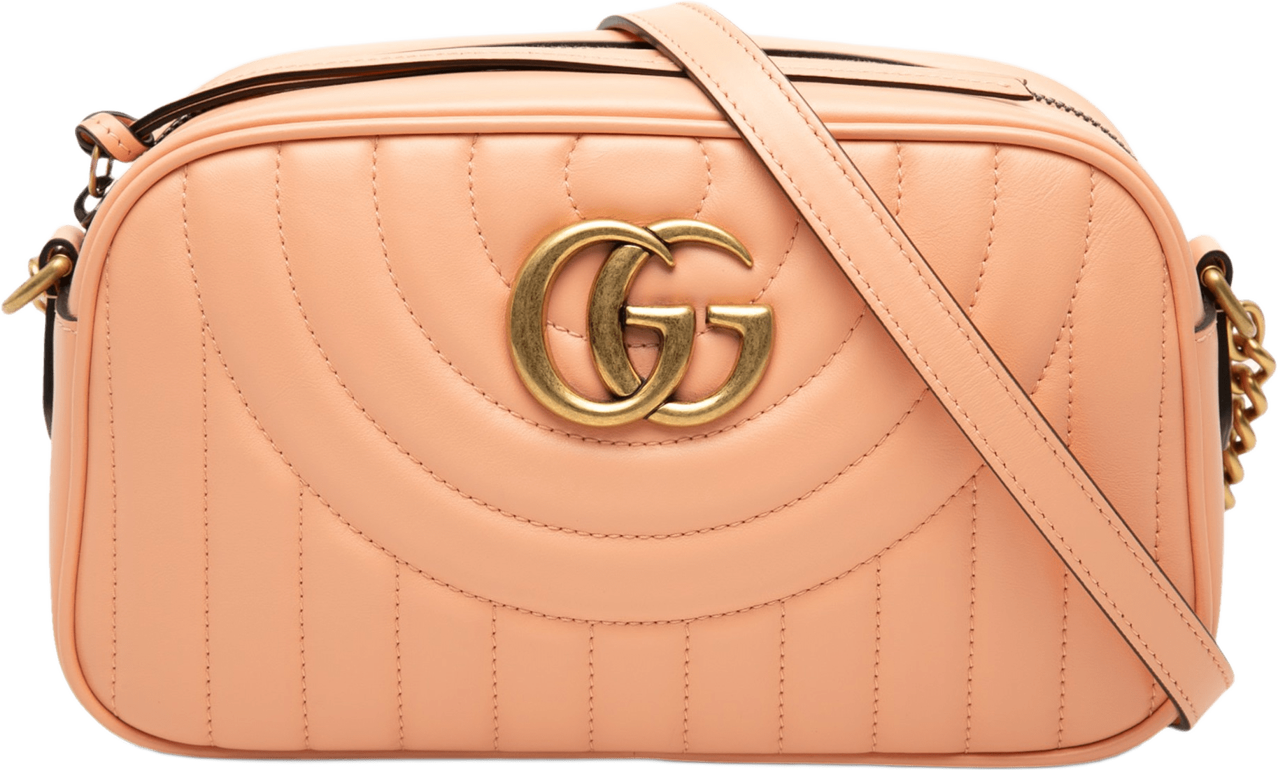Gucci Small Gg Marmont Matelasse Calfskin Vertical Ring Crossbody, från Luxclusif, i färgen peach.