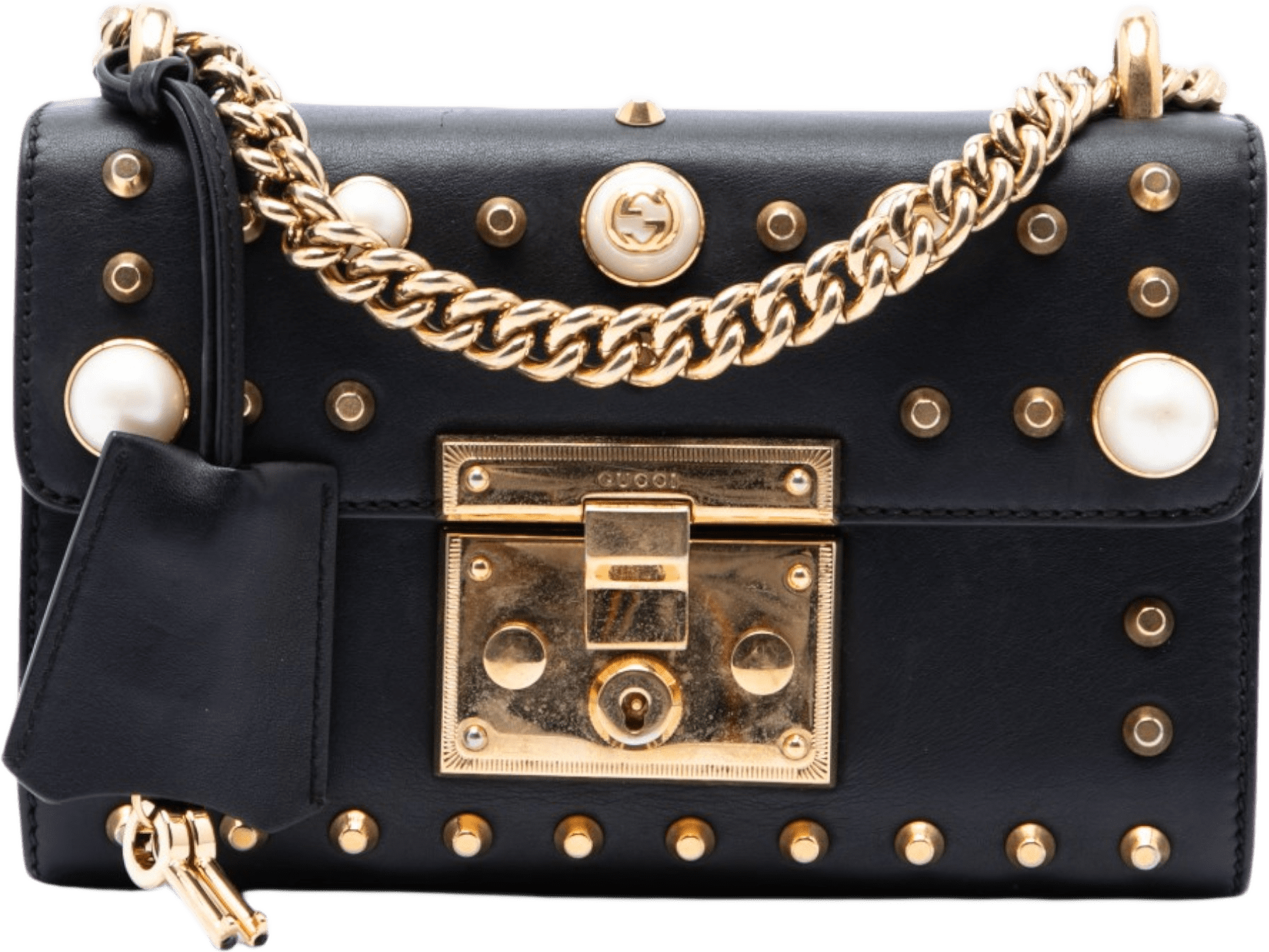 Gucci Small Pearl Studded Leather Padlock Crossbody, från Luxclusif, i färgen svart.