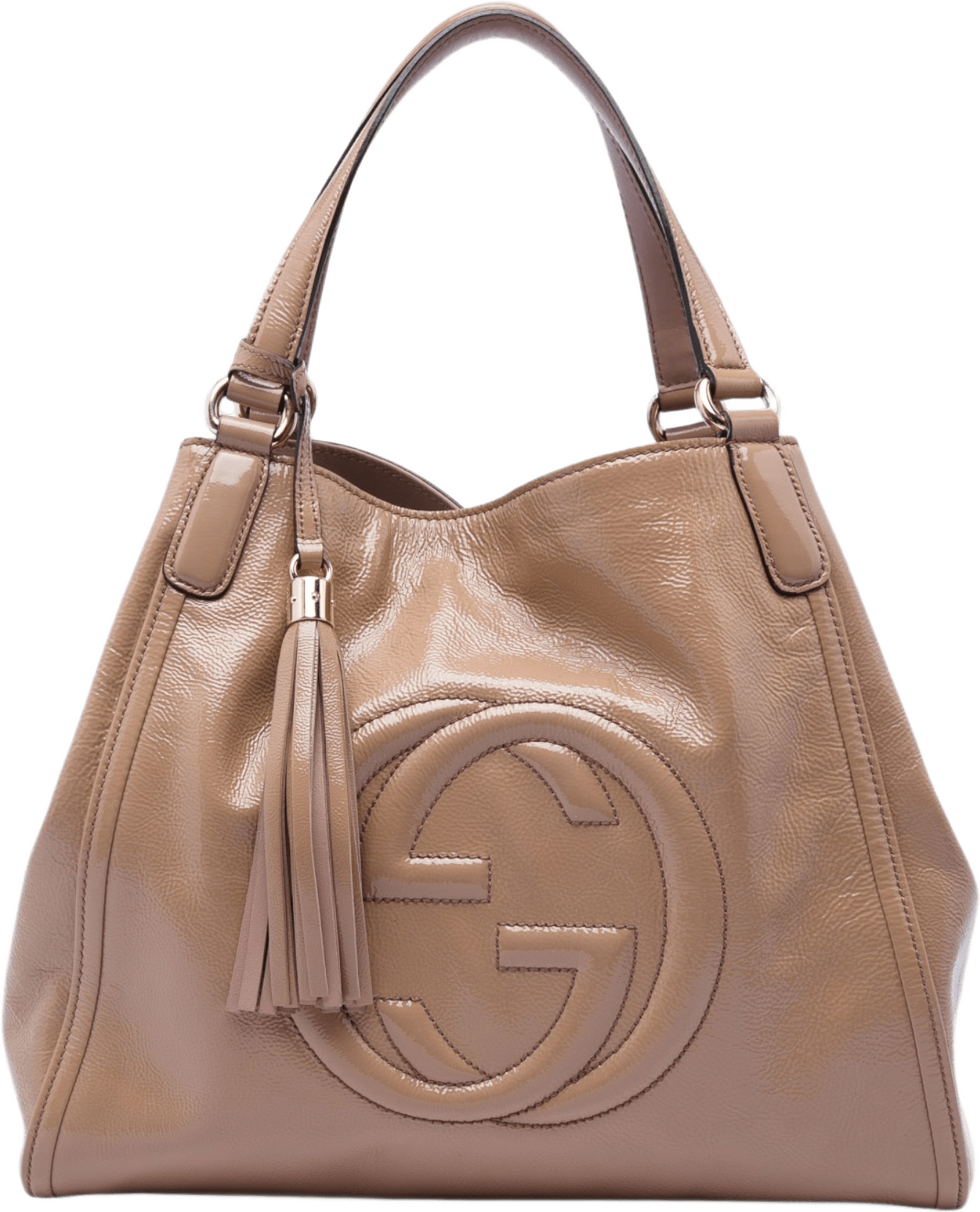 Gucci Medium Patent Soho Cellarius Tote, från Luxclusif, i färgen brun.