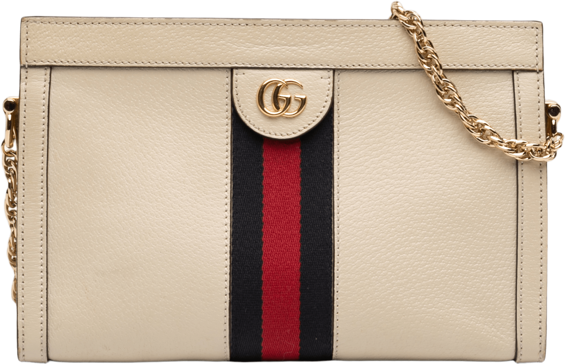 Gucci Small Calfskin Web Ophidia Chain Crossbody, från Luxclusif, i färgen ivory.