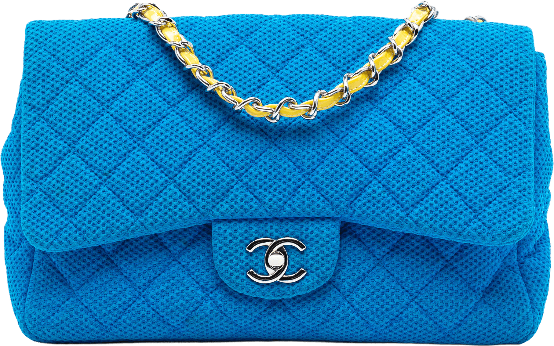 Chanel Medium Quilted Perforated Jersey Single Flap, från Luxclusif, i färgen blue.