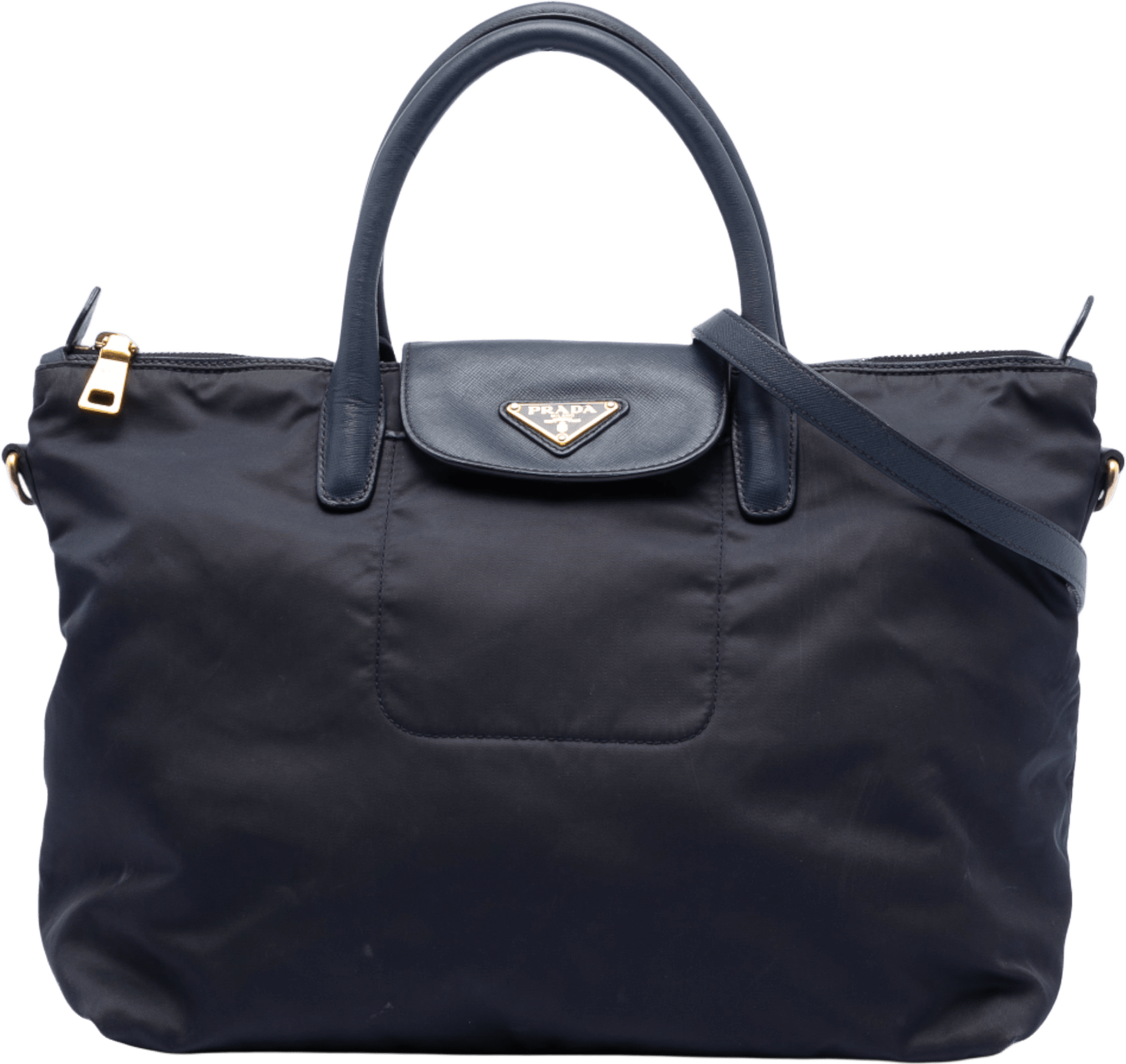 Prada Saffiano Trimmed Tessuto Satchel, från Luxclusif, i färgen navy.