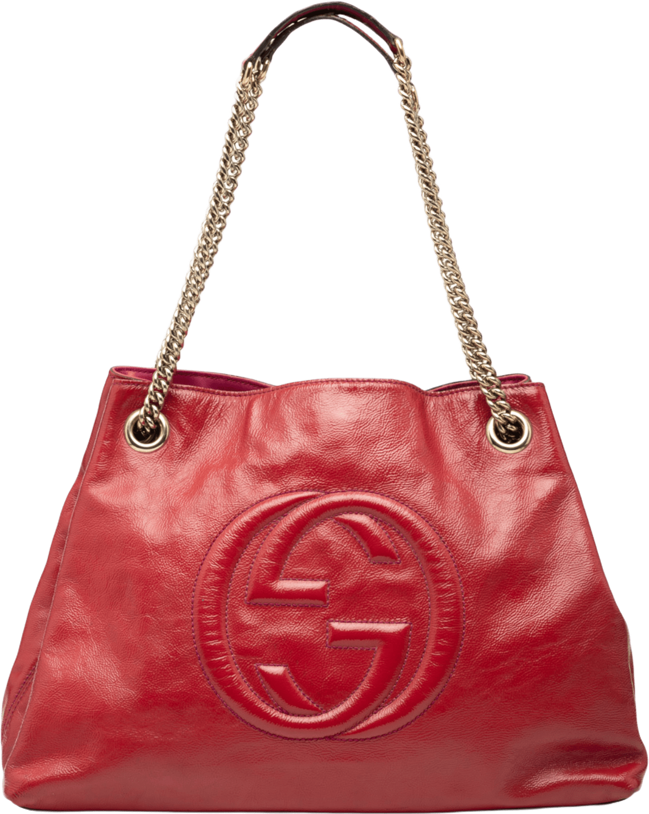 Gucci Medium Leather Soho Chain Tote, från Luxclusif, i färgen red.
